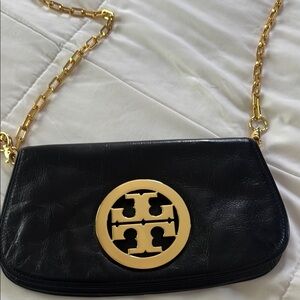 Black Leather Crossbody Bag with Gold Chain